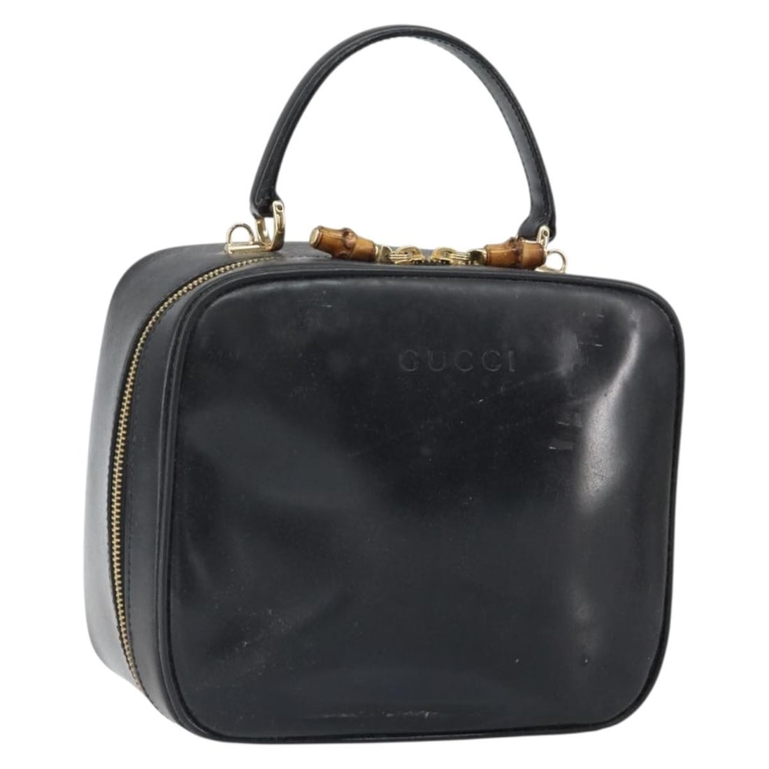 Gucci Bamboo Black Patent Leather Vanity Handbag with Gold Accents 000 270 0323: Gucci Bamboo Black Patent Leather Vanity Handbag with Gold Accents 000 270 0323 This is a Gucci Bamboo Vanity Hand Bag crafted from black and gold patent leather. The bag features a structured silhoue