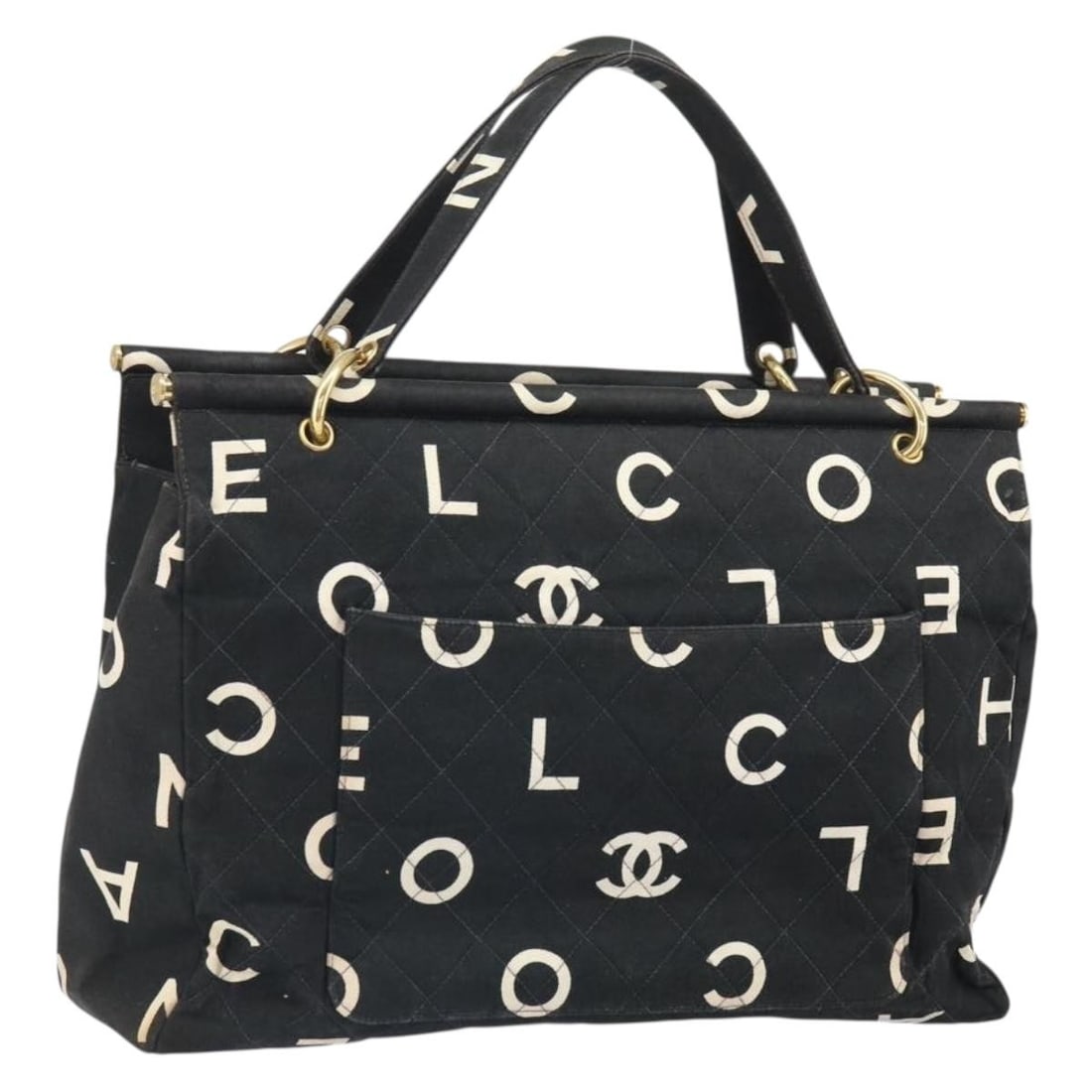 Chanel Black and Gold Cotton Tote Bag with CC Logo: Chanel Black and Gold Cotton Tote Bag with CC Logo This CHANEL tote bag features a gold and black cotton exterior with the iconic CC design. Made in France, the bag is designed for everyday use and of
