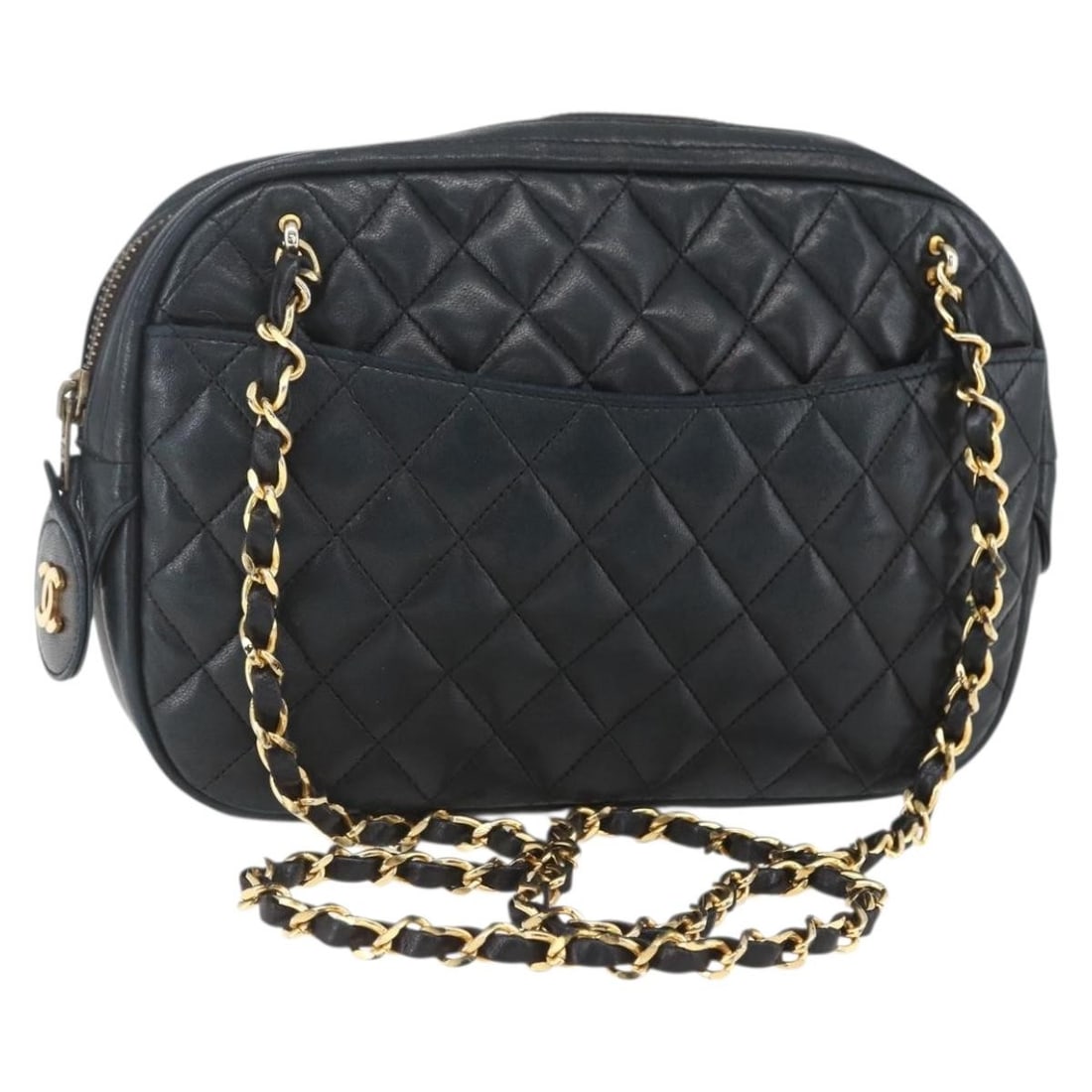 Black Lambskin Matelasse Shoulder Bag by CHANEL with Gold Chain CC: Black Lambskin Matelasse Shoulder Bag by CHANEL with Gold Chain CC This CHANEL Matelasse shoulder bag is crafted from black lambskin leather with gold-tone accents. The bag features a chain strap with