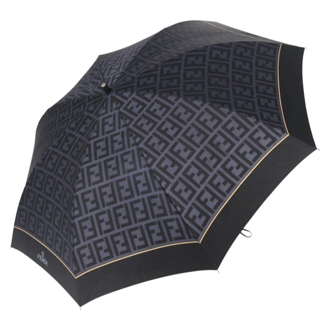 Fendi Nylon Zucca Pattern Folding Umbrella in Black and Navy: Fendi Nylon Zucca Pattern Folding Umbrella in Black and Navy This FENDI Zucca folding umbrella features a stylish black and navy design crafted from durable nylon and Zucca canvas. Made in Italy, the