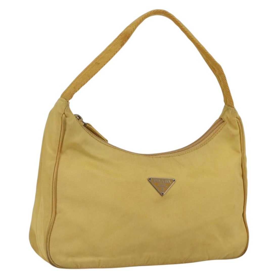 Yellow Nylon Prada Hand Pouch with Guarantee Card: Yellow Nylon Prada Hand Pouch with Guarantee Card This PRADA hand pouch features a yellow nylon exterior and is crafted in Italy. The pouch includes a guarantee card and has visible signs of use, such