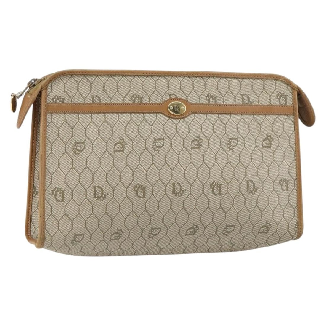 Beige Honeycomb PVC Leather Clutch Bag by Christian Dior: Beige Honeycomb PVC Leather Clutch Bag by Christian Dior This Christian Dior clutch bag features the signature honeycomb canvas with PVC leather in beige and gold tones. Made in France, it has a class