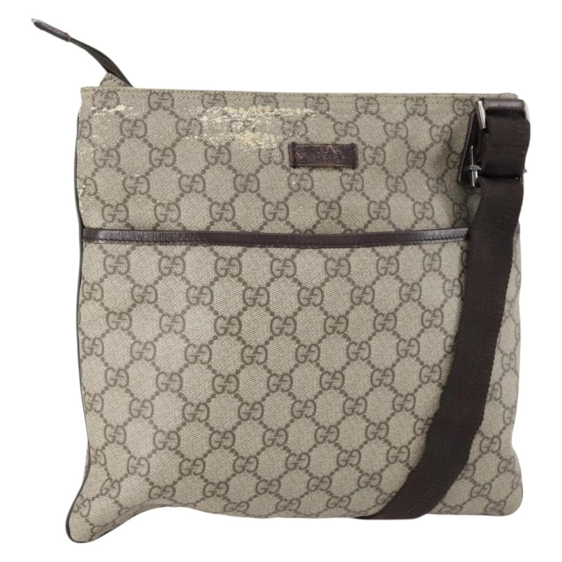 GUCCI GG Supreme Beige Silver Shoulder Bag PVC Auth 141626: GUCCI GG Supreme Beige Silver Shoulder Bag PVC Auth 141626 This authentic GUCCI GG Supreme Shoulder Bag is a sophisticated accessory crafted in Italy. Made from durable PVC leather and adorned with th