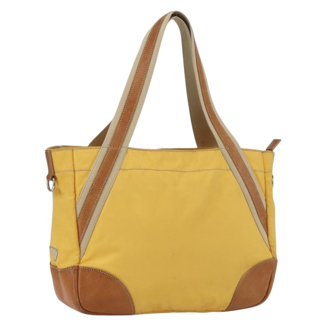 Yellow Nylon Prada Tote Bag with Silver Accents Made in Italy: Yellow Nylon Prada Tote Bag with Silver Accents Made in Italy This PRADA tote bag features a yellow and silver nylon exterior, providing a vibrant and modern look. Made in Italy, the bag includes a sp