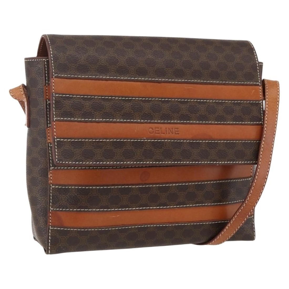 CELINE Macadam Pattern Brown PVC Canvas Shoulder Bag Gold Tone Accents: CELINE Macadam Pattern Brown PVC Canvas Shoulder Bag Gold Tone Accents This is a CELINE Macadam canvas shoulder bag featuring PVC leather in a brown and gold color scheme. The bag is made in Italy and