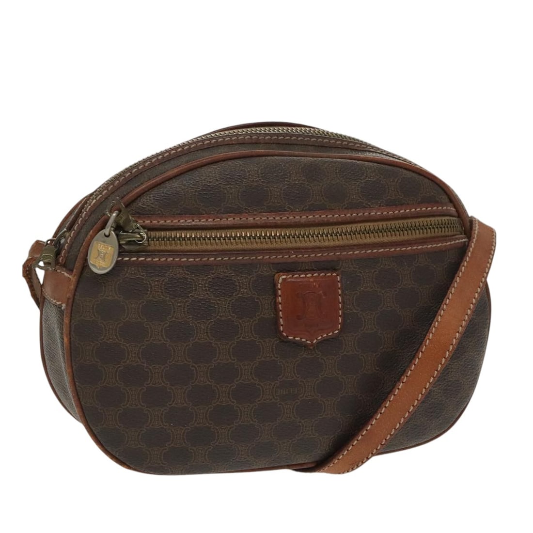 CELINE Brown Gold PVC Leather Macadam Canvas Shoulder Bag Italy: CELINE Brown Gold PVC Leather Macadam Canvas Shoulder Bag Italy Elevate your style with this authentic CELINE Macadam Canvas Shoulder Bag, crafted in Italy. This chic shoulder bag features a striking