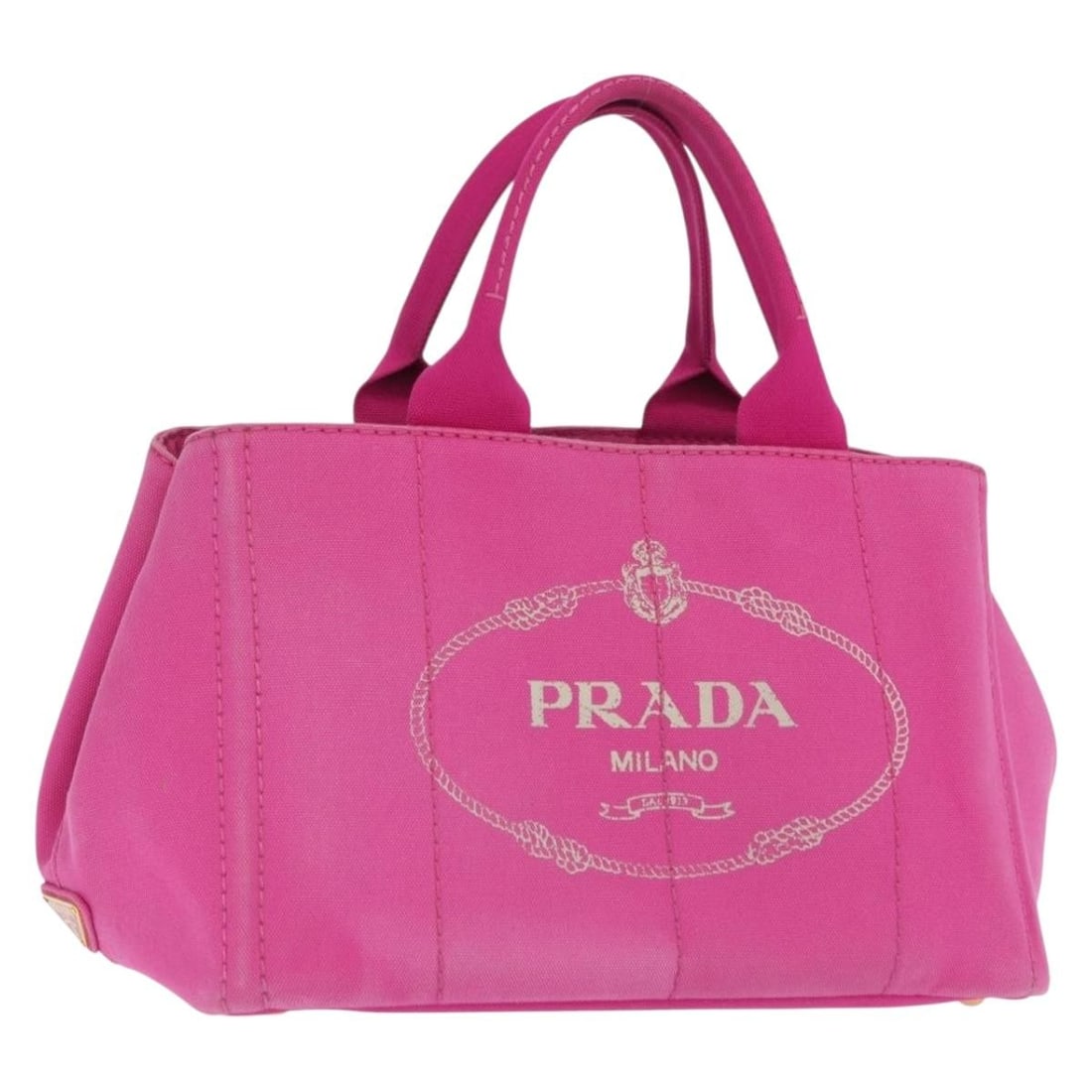 Prada Canapa MM Pink Canvas Handbag with Gold Accents: Prada Canapa MM Pink Canvas Handbag with Gold Accents This PRADA Canapa MM handbag features a durable canvas exterior in pink and gold tones. The bag is designed with dual top handles and offers a spa
