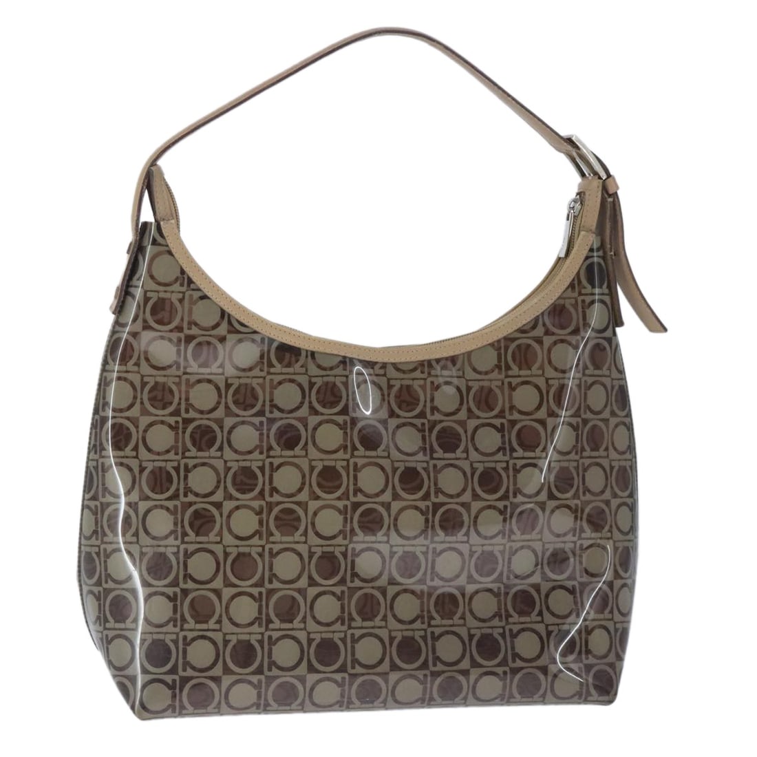 Salvatore Ferragamo Gancini Vinyl Shoulder Bag Brown Silver Authentic (1 of 18)