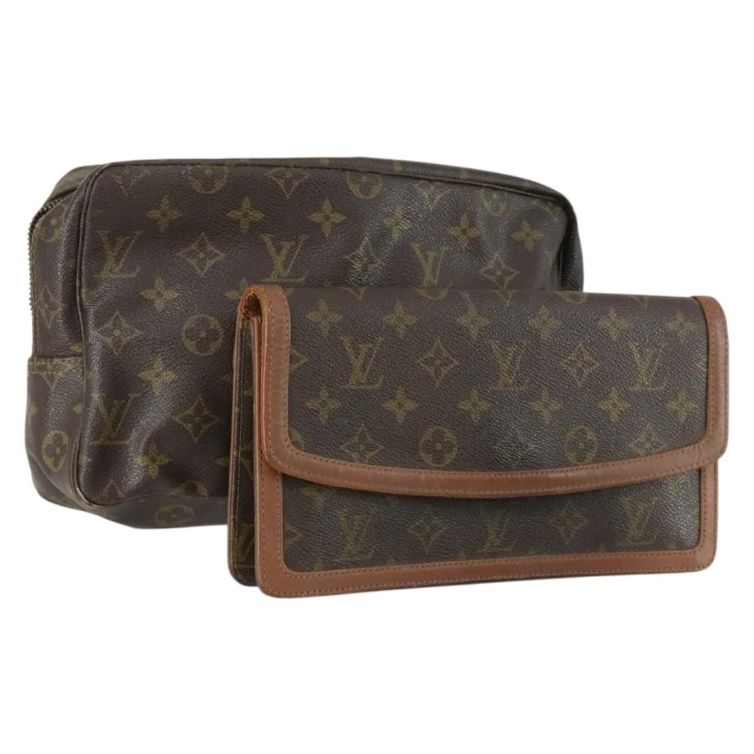 Set of Two Louis Vuitton Monogram Canvas Clutch Bags: Set of Two Louis Vuitton Monogram Canvas Clutch Bags This is a set of two Louis Vuitton Monogram clutch bags crafted from the brand's signature monogram canvas. Both bags show significant signs of use