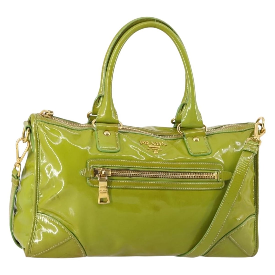 Authentic PRADA Green Gold Enamel 2-Way Hand Bag Italy: Authentic PRADA Green Gold Enamel 2-Way Hand Bag Italy This authentic PRADA hand bag showcases a stylish design with a vibrant green and gold color combination. Crafted from high-quality enamel, it fe
