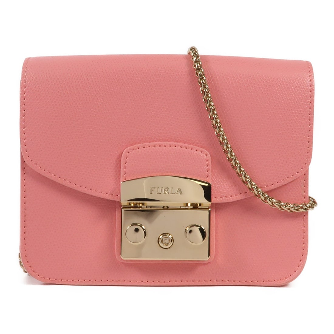 Furla Pink Calfskin Leather Chain Shoulder Bag GHW: Furla Pink Calfskin Leather Chain Shoulder Bag GHW Introducing the Furla Chain Shoulder Bag, a stylish accessory crafted from premium calfskin leather in a charming pink hue. This elegant shoulder bag