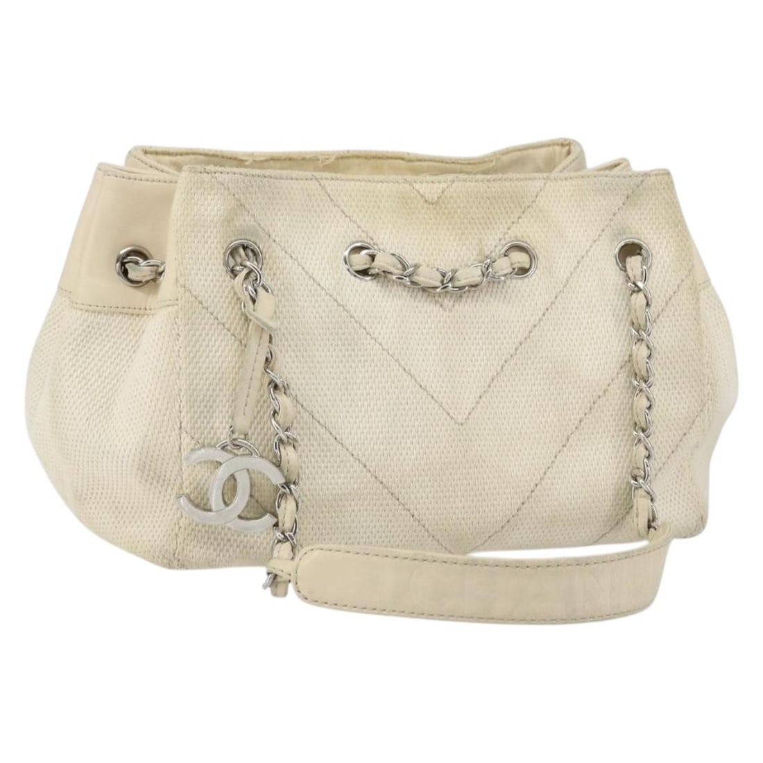 CHANEL White Silver Canvas Chain V Stitch Shoulder Bag Auth: CHANEL White Silver Canvas Chain V Stitch Shoulder Bag Auth This CHANEL Chain V Stitch Shoulder Bag is a stylish accessory crafted from durable canvas in a classic white and silver color scheme. Desig