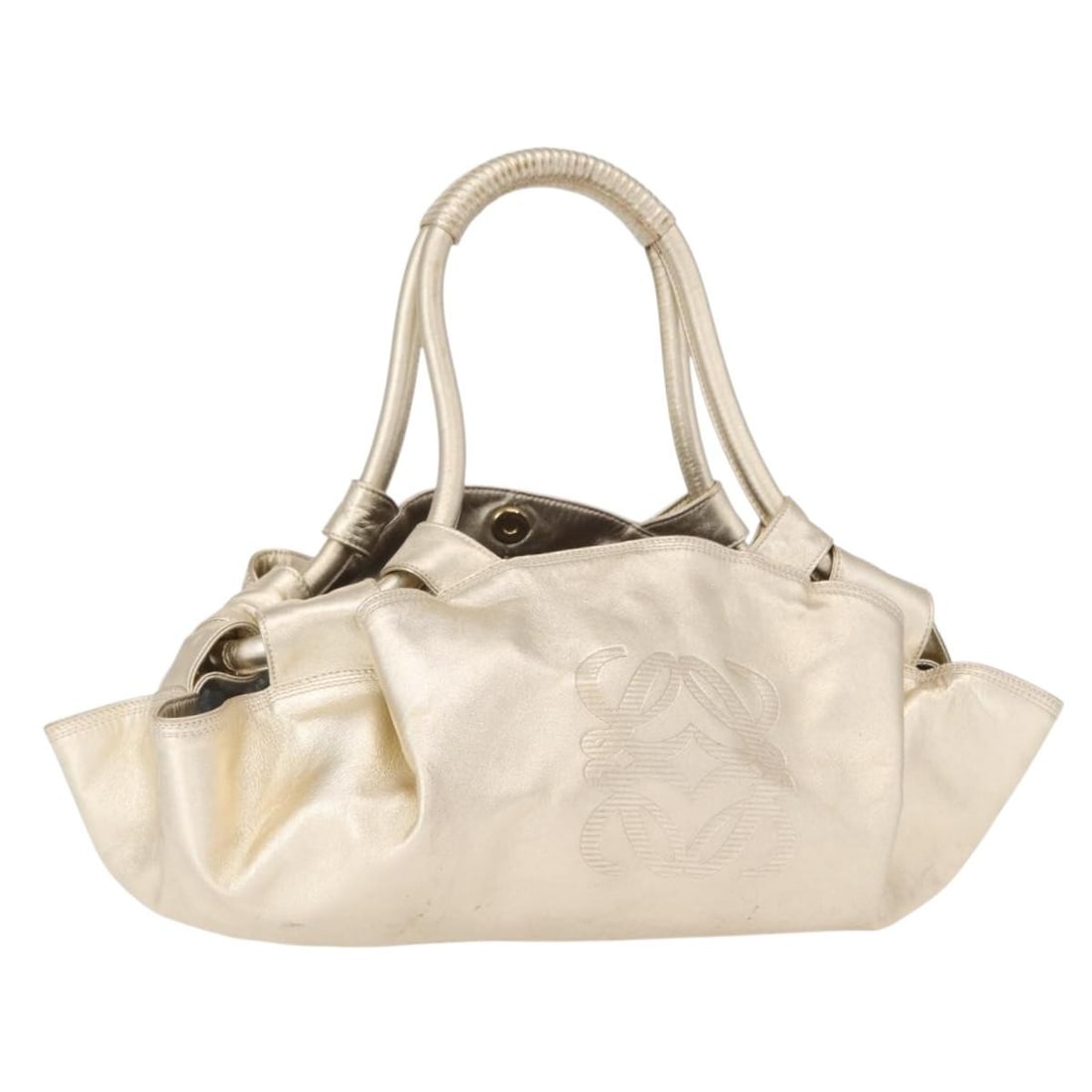 Loewe Aire Anagram Gold Leather Handbag from Spain: Loewe Aire Anagram Gold Leather Handbag from Spain This LOEWE Nappa Aire Anagram handbag features luxurious leather in a striking gold color. Made in Spain, the bag showcases the iconic Anagram design