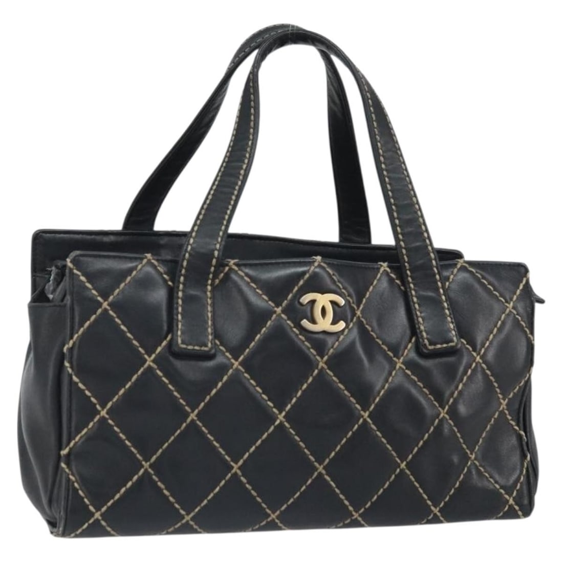 Chanel Black Leather CC Handbag with Gold Accents Made in Italy: Chanel Black Leather CC Handbag with Gold Accents Made in Italy This CHANEL handbag is crafted from black leather with gold-tone accents. It features a structured silhouette with a top handle and is m