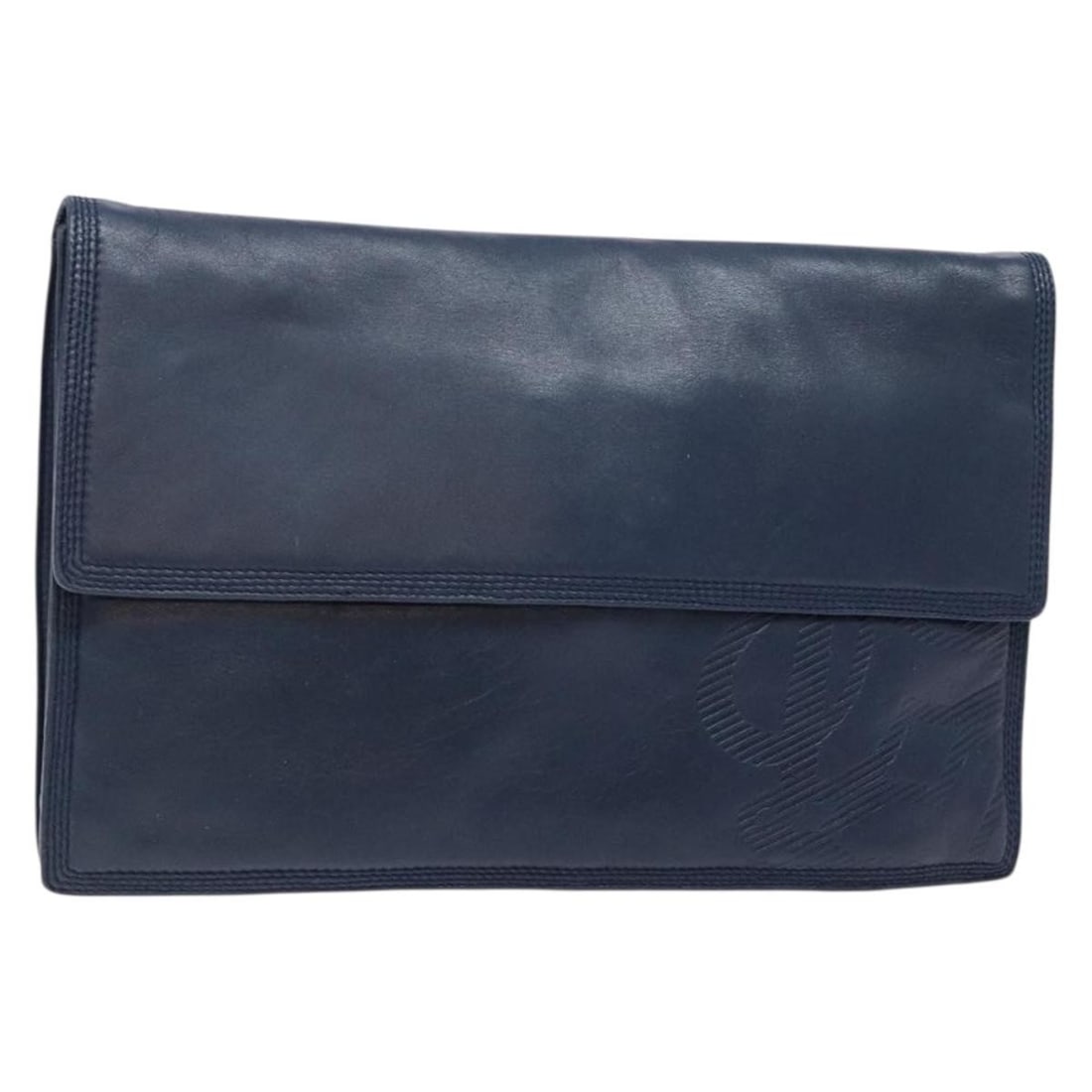 LOEWE Anagram Clutch Bag Navy Leather Gold Accents: LOEWE Anagram Clutch Bag Navy Leather Gold Accents This LOEWE Anagram Clutch Bag showcases a sophisticated design in navy leather with gold accents. It features a spacious interior suitable for essent