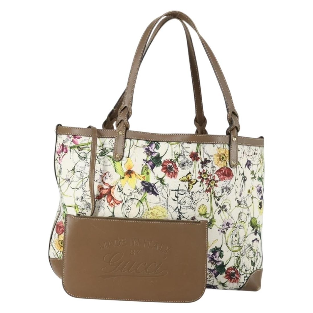 GUCCI Flora White Gold Canvas Tote Bag 247209 Authentic: GUCCI Flora White Gold Canvas Tote Bag 247209 Authentic This elegant GUCCI Flora Tote Bag is crafted from premium canvas and features a stunning white and gold color scheme. Measuring approximately 13