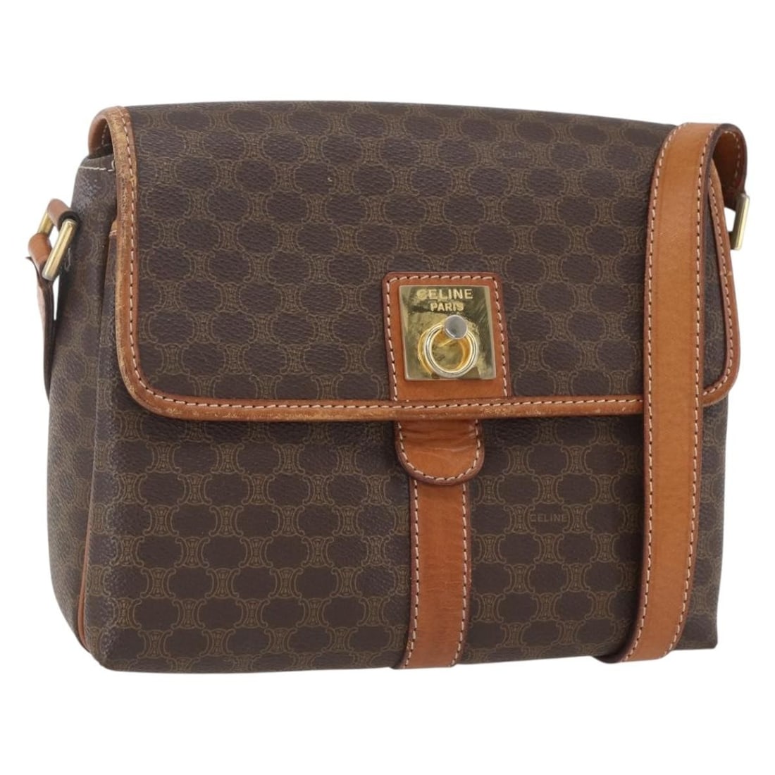 Celine Macadam Brown PVC Canvas Shoulder Bag with Gold Accents: Celine Macadam Brown PVC Canvas Shoulder Bag with Gold Accents This is a CELINE Macadam shoulder bag crafted from brown and gold PVC leather with the signature Macadam canvas. Made in Italy, the bag f