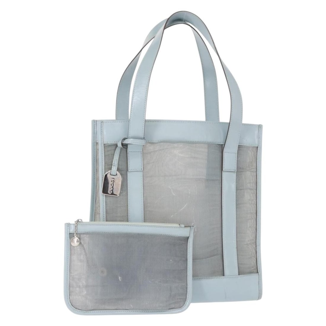 GUCCI Light Blue Silver Nylon Hand Bag with Pouch Auth MR1557: GUCCI Light Blue Silver Nylon Hand Bag with Pouch Auth MR1557 This authentic GUCCI hand bag is crafted from durable nylon in a chic light blue and silver color combination. Designed in Italy, it measu