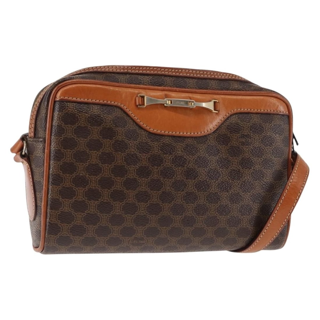 CELINE Macadam Canvas Brown Shoulder Bag PVC Leather Italy: CELINE Macadam Canvas Brown Shoulder Bag PVC Leather Italy This Celine Macadam Canvas Shoulder Bag is a stylish and practical accessory, crafted in Italy from durable PVC leather and Macadam canvas. T