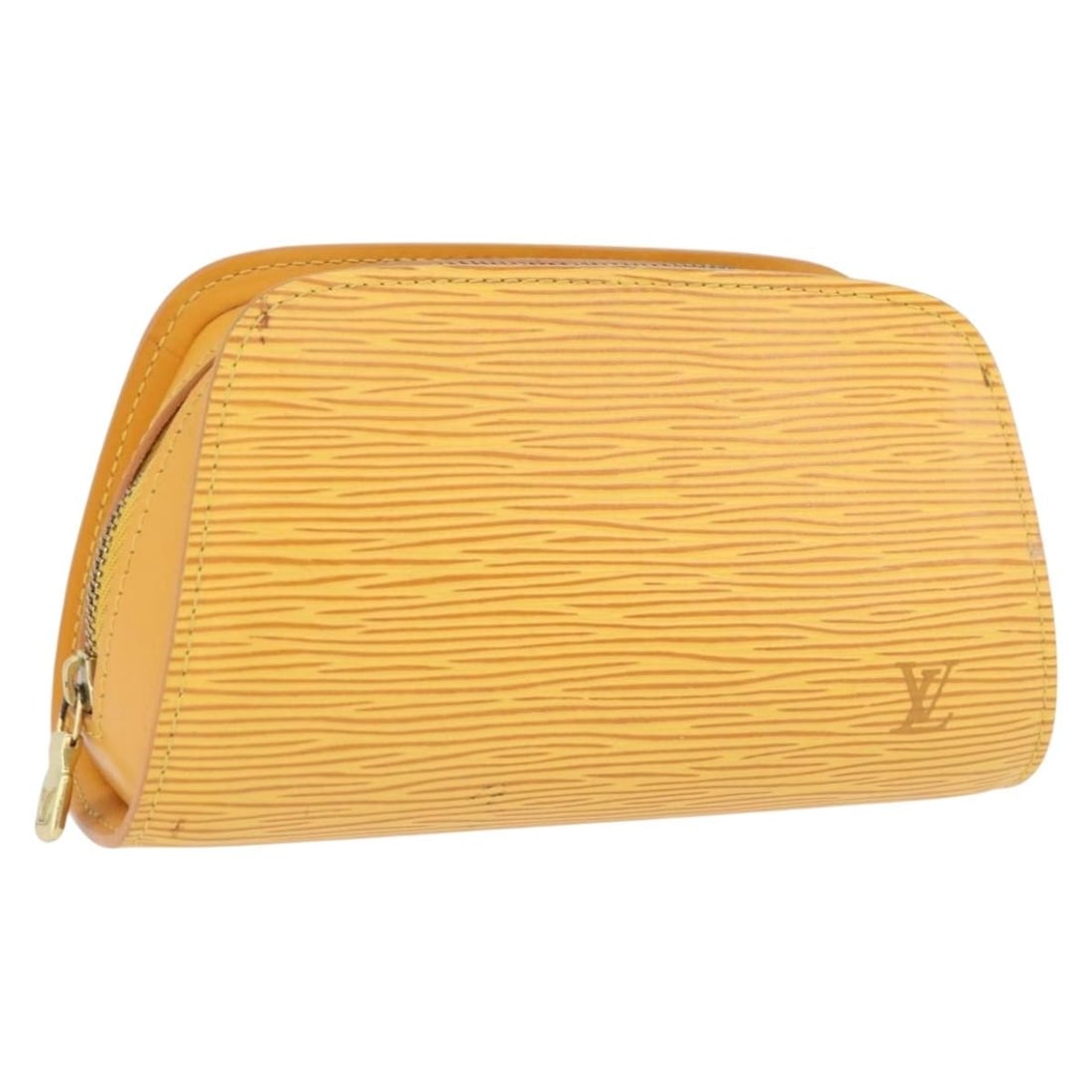 Yellow Epi Dauphine PM Pouch by Louis Vuitton M48449: Yellow Epi Dauphine PM Pouch by Louis Vuitton M48449 This Louis Vuitton Epi Dauphine PM Pouch features a distinctive yellow Epi leather exterior and is made in France. The pouch shows signs of heavy u