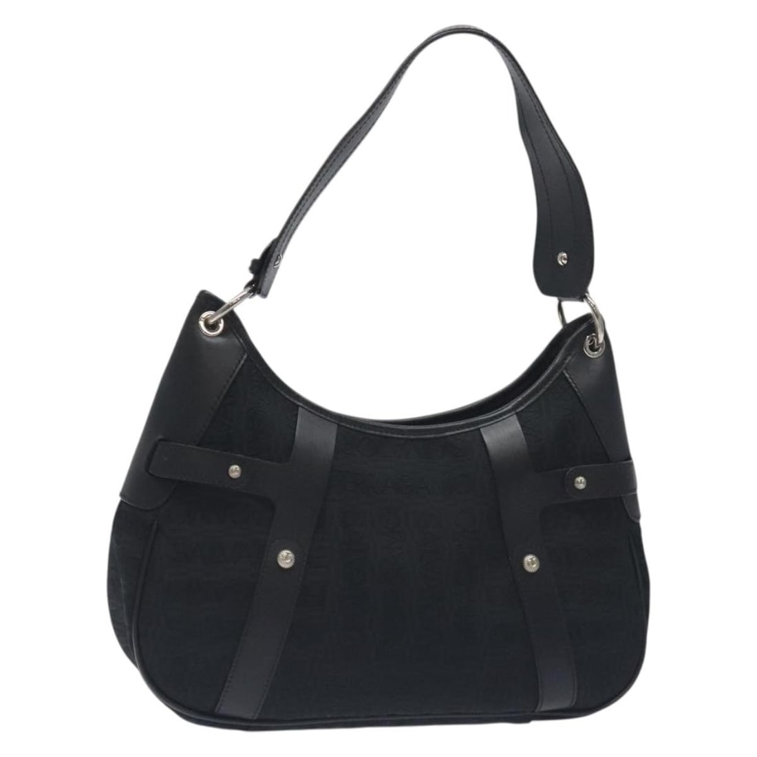 Salvatore Ferragamo Black Silver Canvas Shoulder Bag Auth FJ-21 A304: Salvatore Ferragamo Black Silver Canvas Shoulder Bag Auth FJ-21 A304 This stylish Salvatore Ferragamo shoulder bag combines practicality with elegance, featuring a sleek black and silver canvas exteri