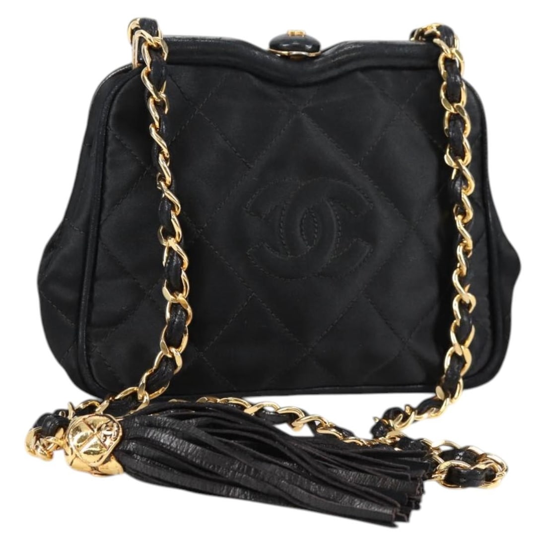 CHANEL Matelasse Black Satin Waist Bag with Gold CC Logo Auth 141135V: CHANEL Matelasse Black Satin Waist Bag with Gold CC Logo Auth 141135V This CHANEL Matelasse Waist Bag is a sophisticated accessory crafted from luxurious satin in a sleek black and gold color combinat
