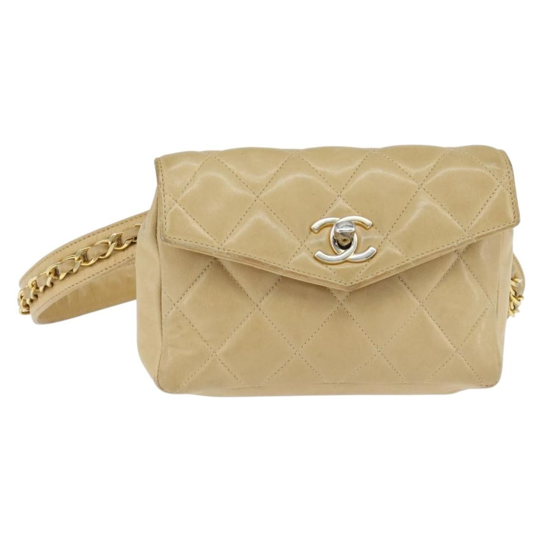 CHANEL Beige Gold Lambskin Matelasse Waist Pouch Authentic: CHANEL Beige Gold Lambskin Matelasse Waist Pouch Authentic This CHANEL Matelasse Waist Pouch is a stylish and functional accessory crafted from luxurious lamb skin in a sophisticated beige and gold co