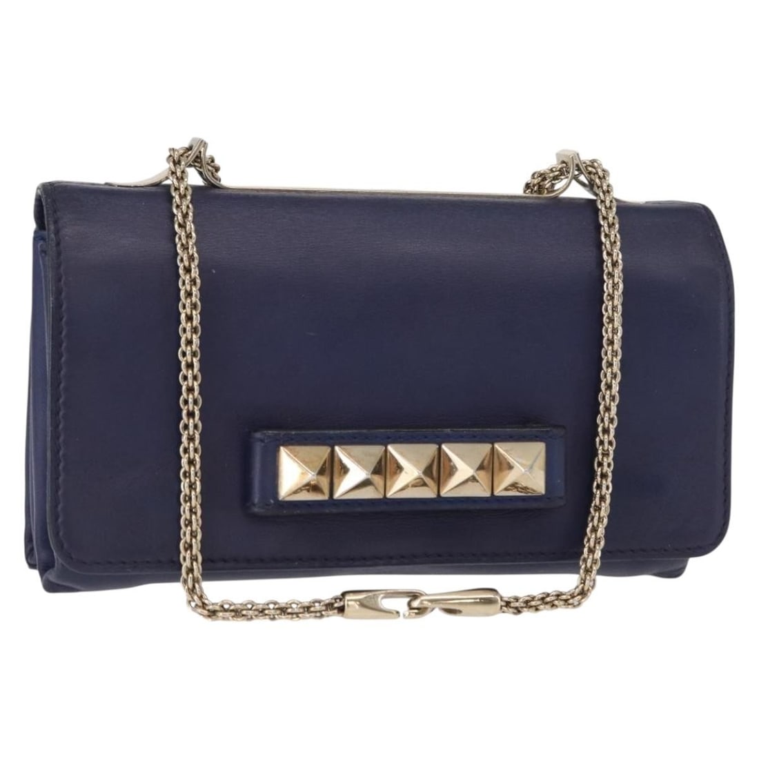 VALENTINO Navy Leather Chain Shoulder Bag Gold Accents Auth BA8756: VALENTINO Navy Leather Chain Shoulder Bag Gold Accents Auth BA8756 Elevate your style with this authentic VALENTINO Studs Chain Shoulder Bag, crafted from premium leather in a sophisticated navy and g