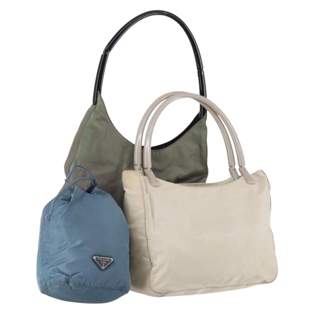 PRADA Nylon Tote Bag 3 Set Beige Blue Khaki Authentic: PRADA Nylon Tote Bag 3 Set Beige Blue Khaki Authentic This authentic PRADA tote bag set features a stylish and versatile design in a chic color combination of beige, blue, and khaki. Crafted from dura