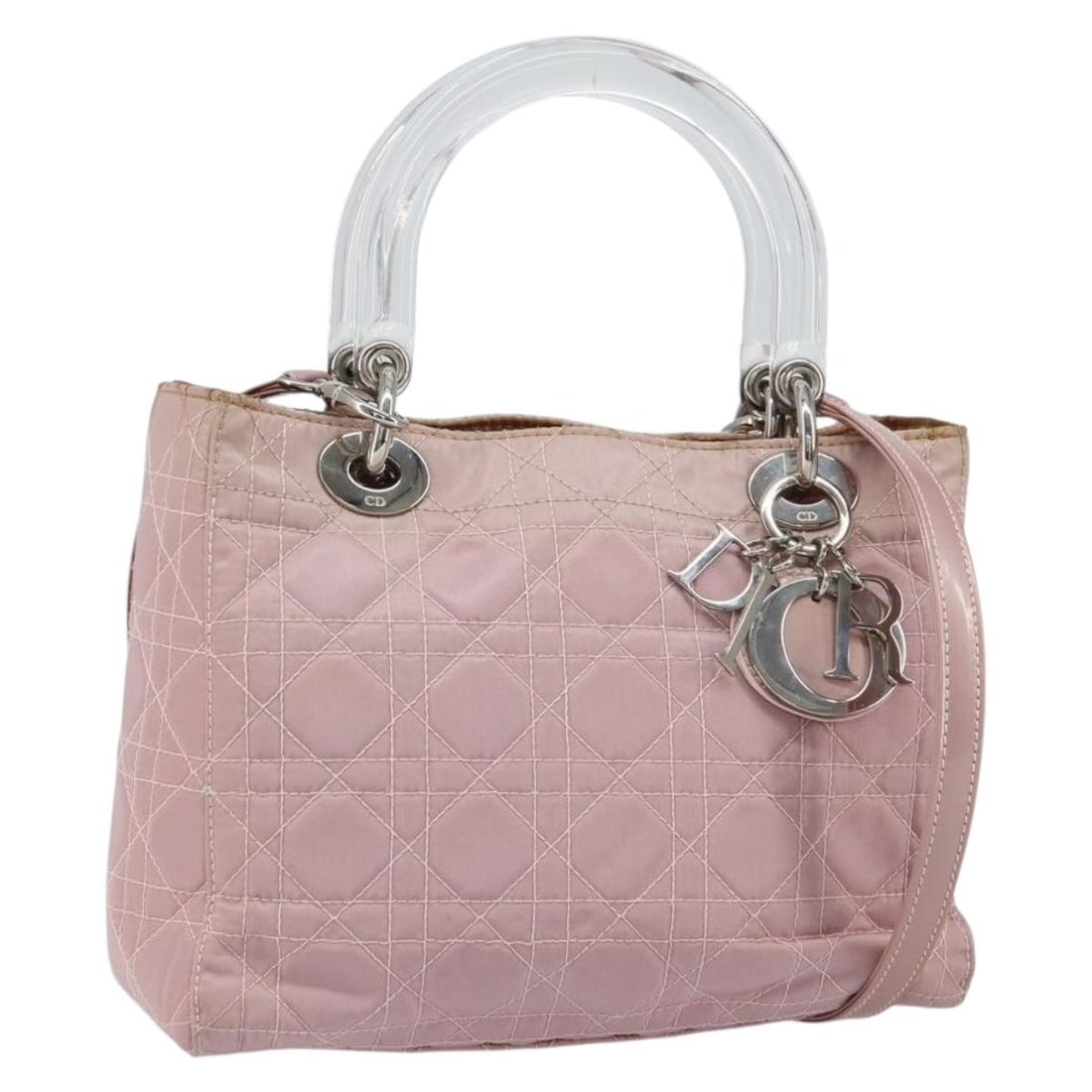 Pink Nylon Lady Dior Cannage Two Way Bag with Silver Accents and Strap: Pink Nylon Lady Dior Cannage Two Way Bag with Silver Accents and Strap This is a Christian Dior Lady Dior Canage 2-way handbag crafted from pink and silver nylon. The bag features both top handles and