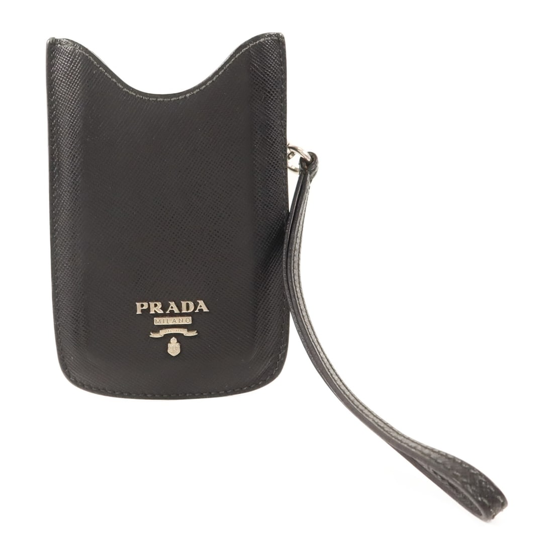 Saffiano Leather iPod Holder by Prada Black Calfskin Model 1N1552: Saffiano Leather iPod Holder by Prada Black Calfskin Model 1N1552 This Prada iPod case is crafted from black Saffiano calfskin leather and features silver-tone hardware. Made in Italy, it is designed