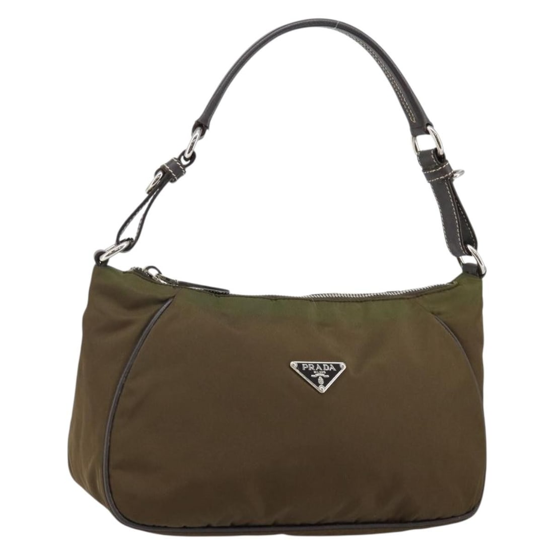 PRADA Khaki Silver Nylon Shoulder Bag Italy Auth 145010: PRADA Khaki Silver Nylon Shoulder Bag Italy Auth 145010 Elevate your accessory collection with this authentic PRADA Shoulder Bag, expertly crafted from durable nylon in a stylish khaki and silver colo