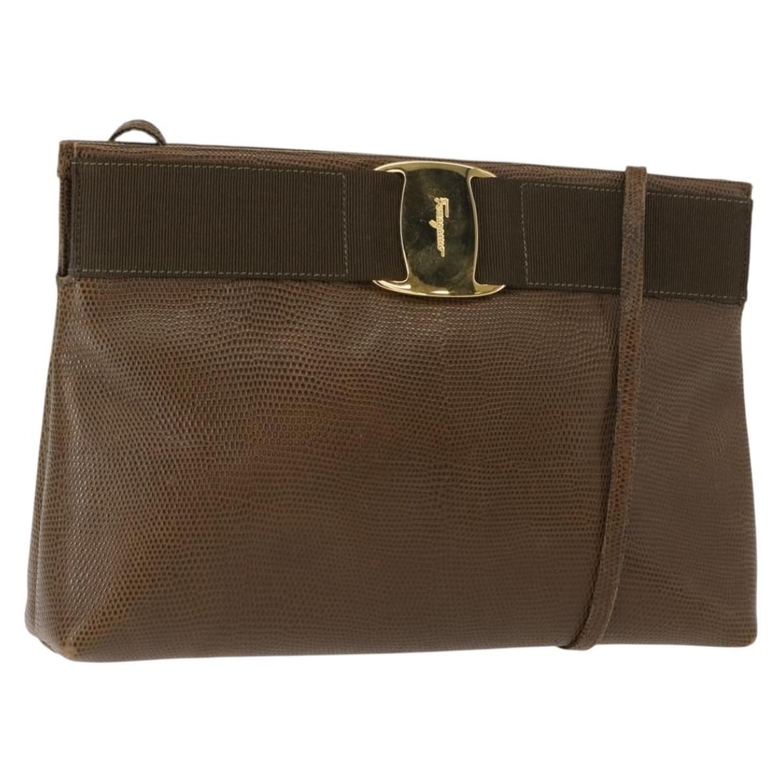 Salvatore Ferragamo Vala Leather Shoulder Bag Khaki Gold Auth (1 of 18)