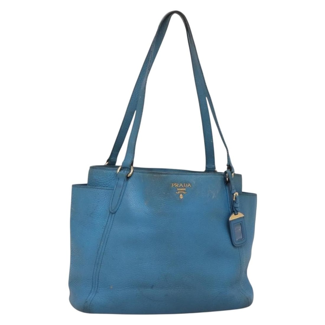 PRADA Blue Gold Leather Tote Bag Auth Italy 113/8: PRADA Blue Gold Leather Tote Bag Auth Italy 113/8 The PRADA Tote Bag showcases an elegant blend of blue and gold leather, exuding luxury and sophistication. Crafted in Italy, this tote features a spac