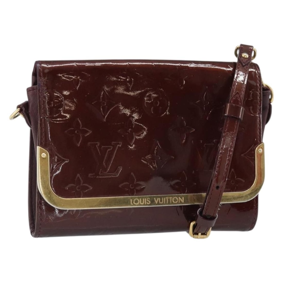 Monogram Vernis Rossmore PM Shoulder Bag Patent Rouge Favist M91547: Monogram Vernis Rossmore PM Shoulder Bag Patent Rouge Favist M91547 This Louis Vuitton Monogram Vernis Rossmore PM shoulder bag features a glossy patent leather exterior in the Rouge Favist color. The