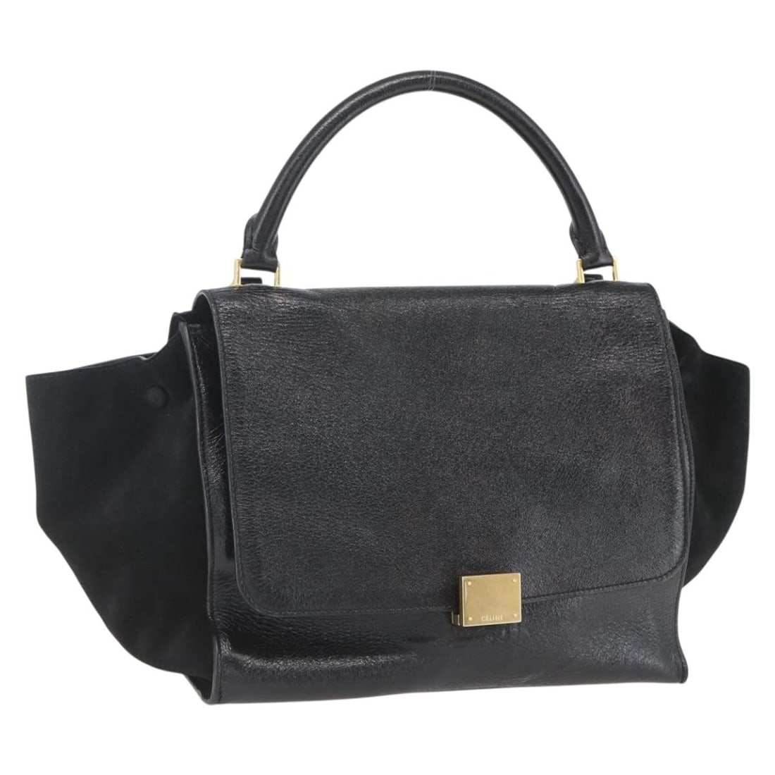 Black and Gold Trapeze Leather Suede Handbag by CELINE: Black and Gold Trapeze Leather Suede Handbag by CELINE This is a CELINE Trapeze hand bag crafted from black leather with gold accents. The bag features dual top handles and is designed with both style