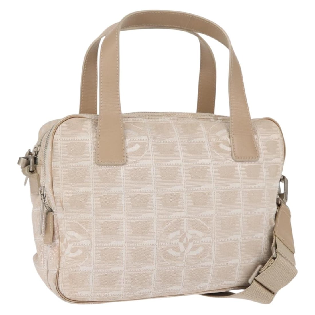 Pink Gold Chanel Canvas Leather 2way Handbag with Shoulder Strap: Pink Gold Chanel Canvas Leather 2way Handbag with Shoulder Strap This CHANEL Travel Line hand bag is crafted from pink and gold canvas with leather accents. Designed for versatile 2-way use, it featur