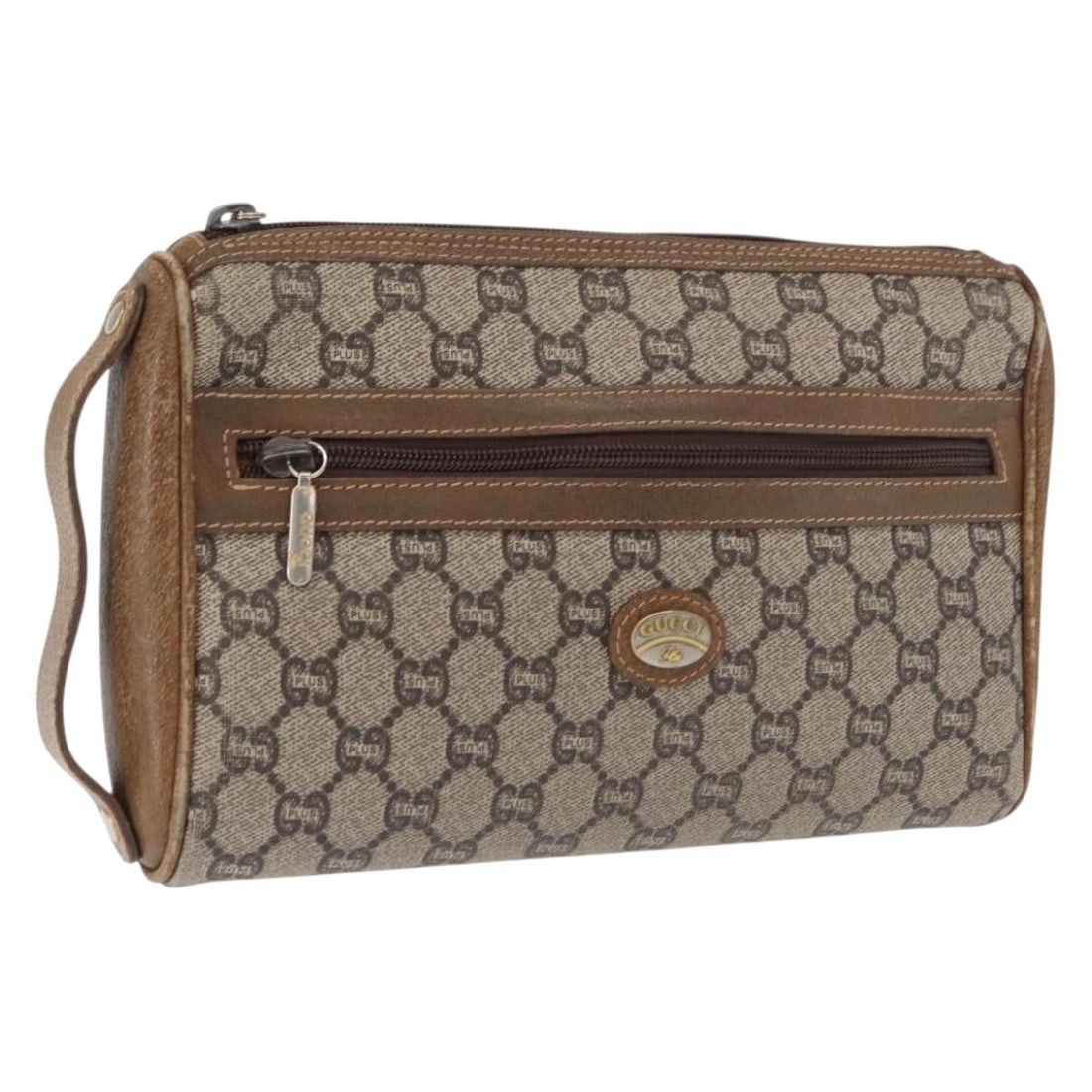 Beige GG Plus Supreme PVC Leather Clutch by Gucci: Beige GG Plus Supreme PVC Leather Clutch by Gucci This is a Gucci GG Plus Supreme clutch bag crafted from beige PVC leather and GG canvas. The bag features a simple clutch design and was made in Italy