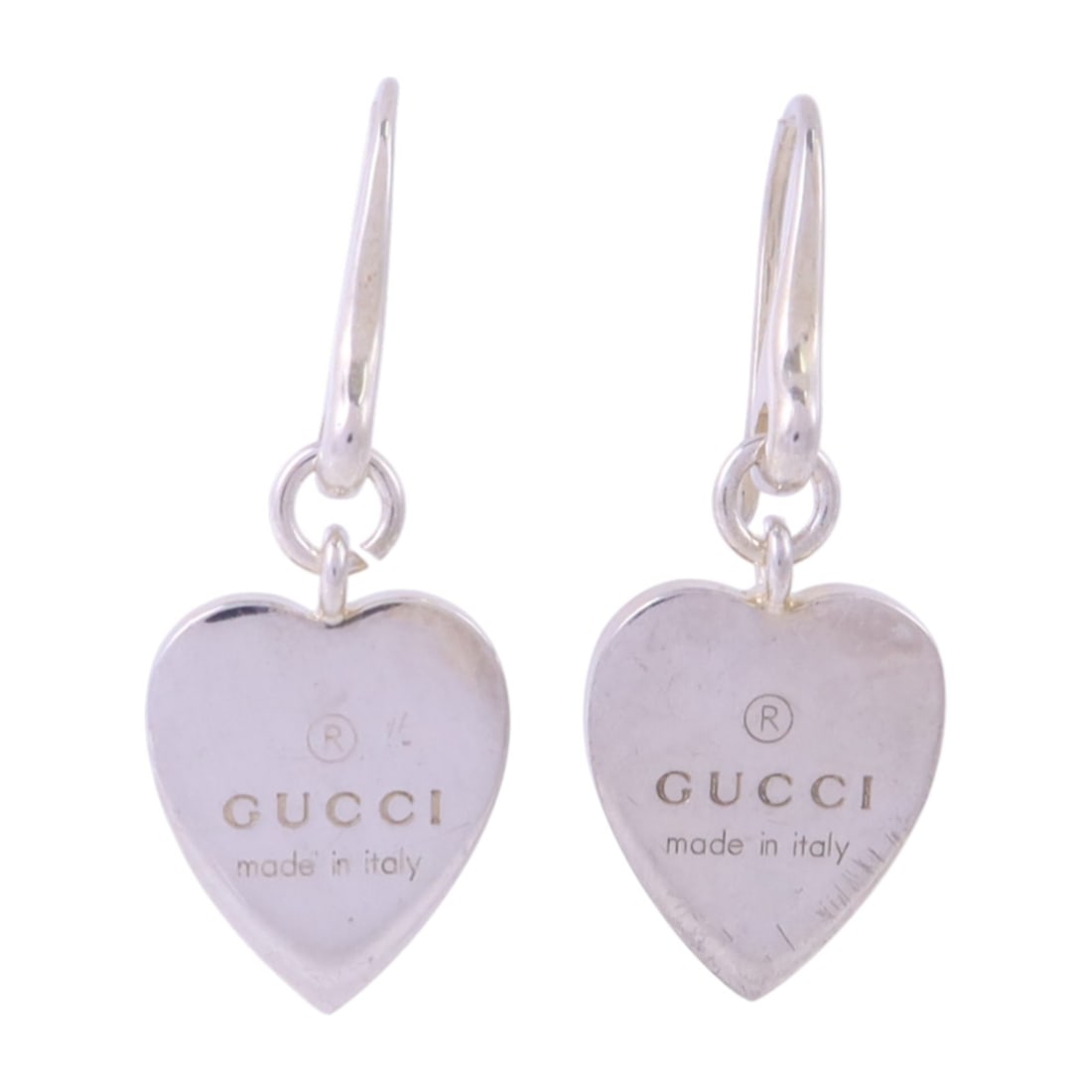 Sterling Silver Gucci GG Heart Drop Pierced Earrings: Sterling Silver Gucci GG Heart Drop Pierced Earrings These GUCCI GG Heart Dangle Earrings are crafted from 925 sterling silver and feature a pierced earring style. Designed in Italy, they showcase a h
