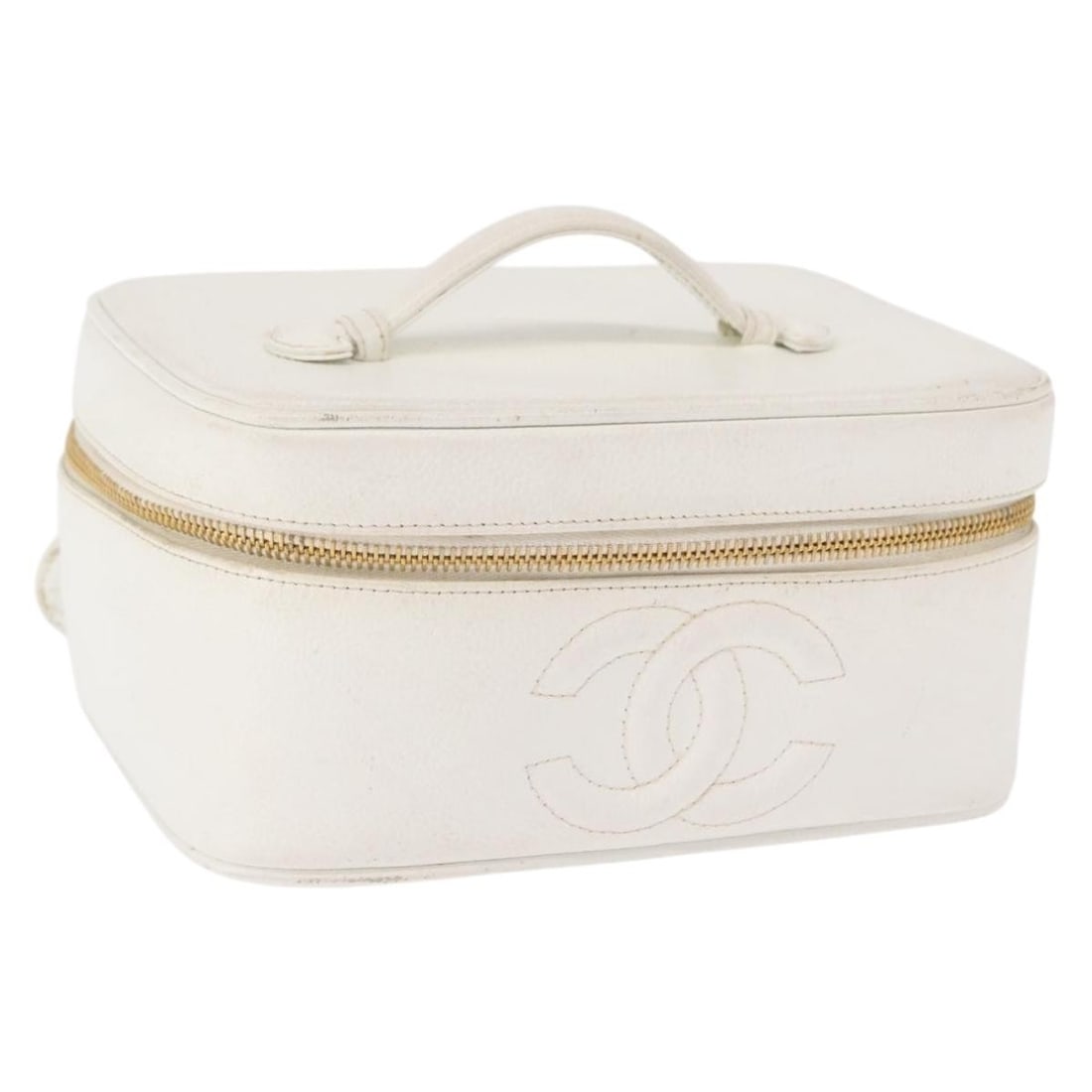 Chanel Caviar Skin White Vanity Handbag with Gold CC Logo and Card: Chanel Caviar Skin White Vanity Handbag with Gold CC Logo and Card This CHANEL vanity hand bag is crafted from white caviar grained calf skin and features gold-tone accents with the signature CC logo.