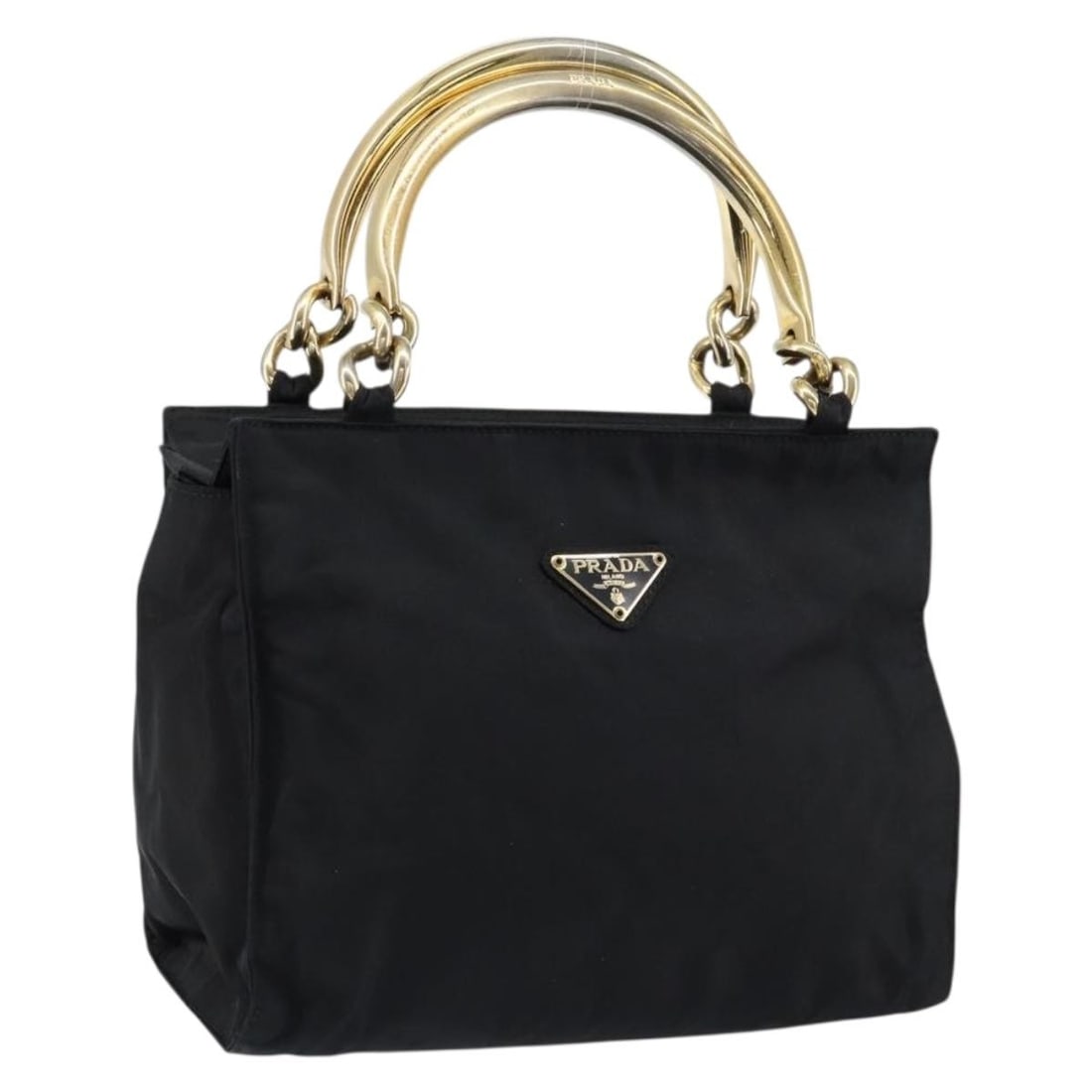 PRADA Black Gold Nylon Hand Bag Made in Italy Auth: PRADA Black Gold Nylon Hand Bag Made in Italy Auth This authentic PRADA hand bag is a stylish accessory made from durable nylon in a sophisticated black and gold color scheme. With dimensions of appro