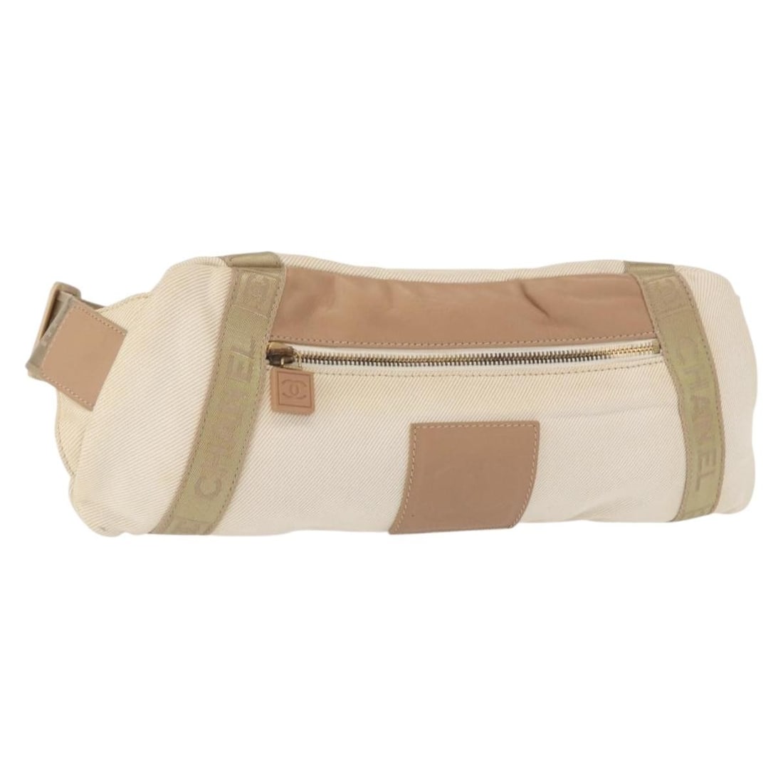 Beige Canvas CHANEL Sports Body Bag with Gold CC Logo and Dust Bag: Beige Canvas CHANEL Sports Body Bag with Gold CC Logo and Dust Bag This CHANEL sports body bag is crafted from beige and gold canvas and features a CC logo. Designed as a body bag, it offers an adjust
