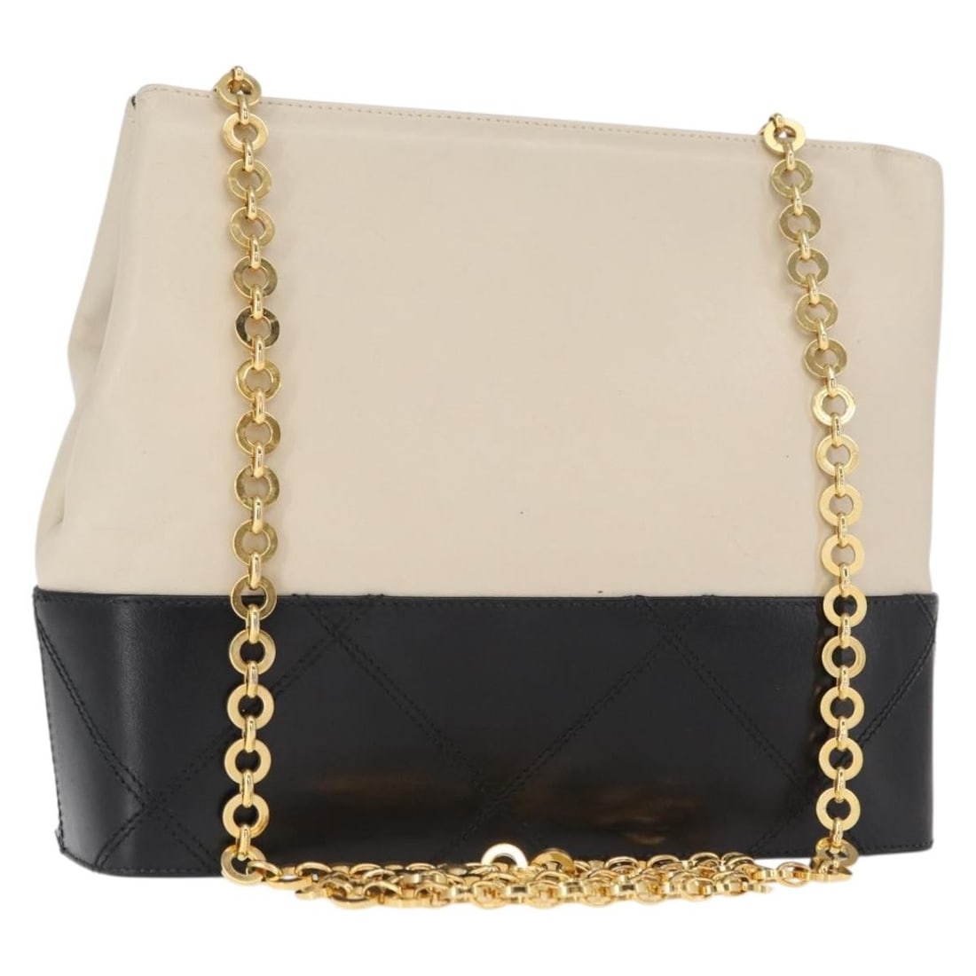 White and Black Leather Shoulder Bag by Salvatore Ferragamo with Chain Strap: White and Black Leather Shoulder Bag by Salvatore Ferragamo with Chain Strap This Salvatore Ferragamo chain shoulder bag features a striking white, black, and gold color combination with a leather ext