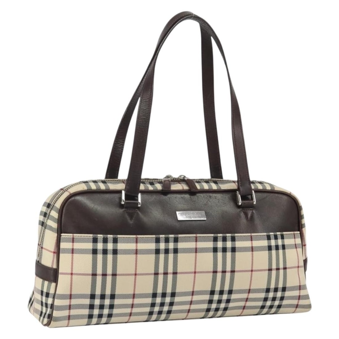 Beige and Silver Nylon Nova Check Handbag by Burberry: Beige and Silver Nylon Nova Check Handbag by Burberry This is a BURBERRY Nova Check hand bag crafted from nylon in beige and silver tones. Made in Italy, the bag features a classic Nova Check pattern,