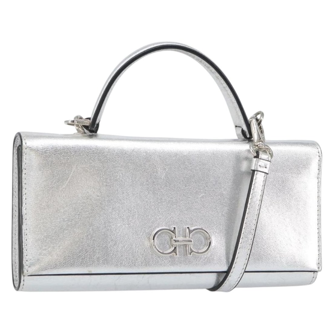 Salvatore Ferragamo Silver Leather Convertible Shoulder Bag with Strap: Salvatore Ferragamo Silver Leather Convertible Shoulder Bag with Strap This Salvatore Ferragamo shoulder wallet is crafted from silver leather and can be worn in two ways, either as a shoulder bag or