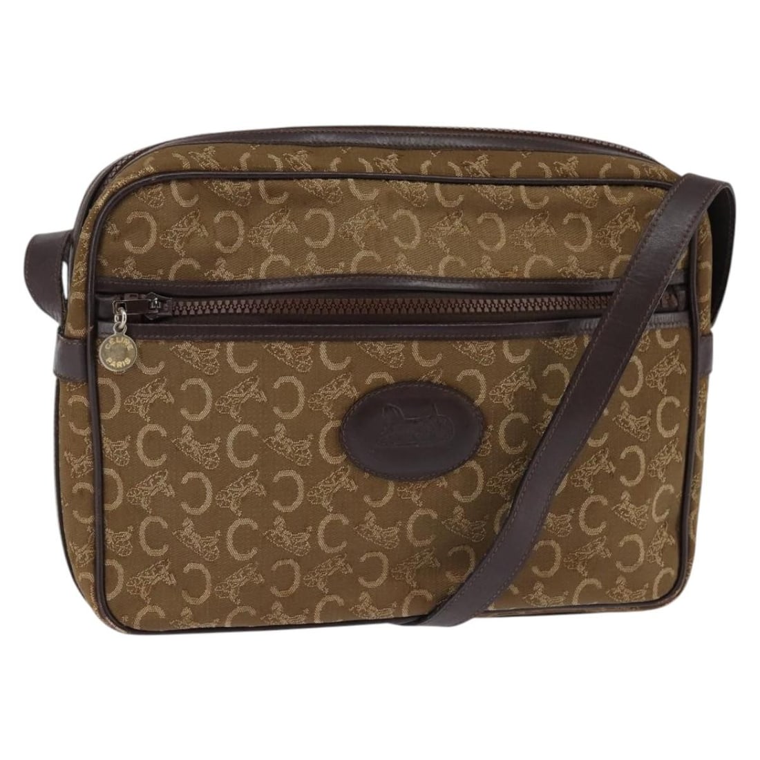 CELINE C Sulky Brown Gold Canvas Shoulder Bag Italy: CELINE C Sulky Brown Gold Canvas Shoulder Bag Italy This CELINE C Sulky Shoulder Bag is a stylish accessory crafted from durable brown canvas with gold accents. Designed for versatility, it features a