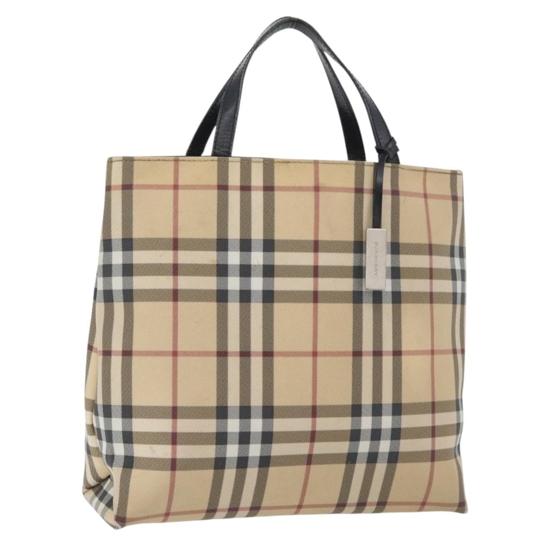Burberry Beige Silver PVC Leather Handbag Made in Italy: Burberry Beige Silver PVC Leather Handbag Made in Italy This Burberry handbag features the iconic Nova Check pattern crafted in beige and silver PVC leather. Made in Italy, the bag measures approximat
