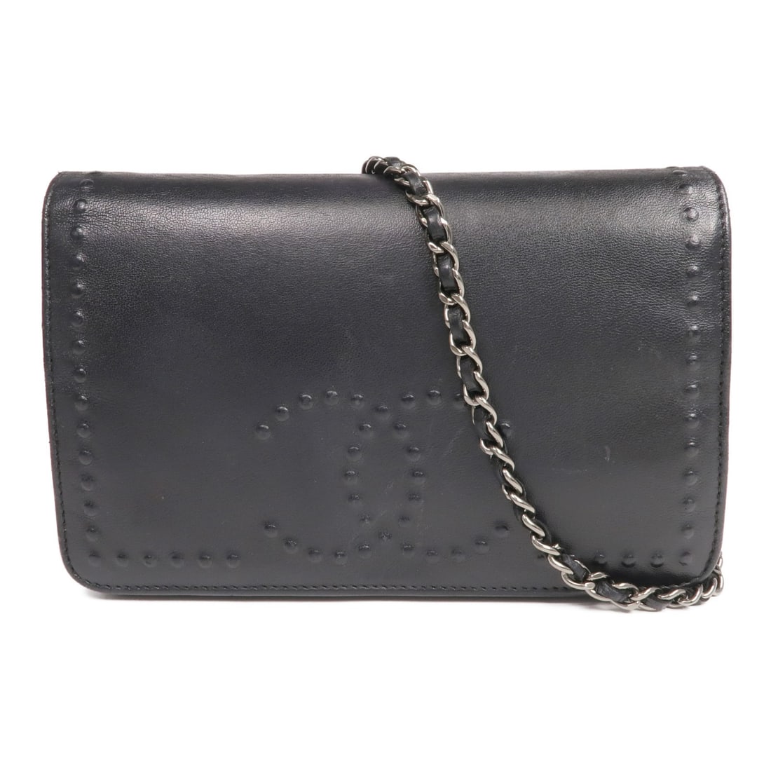 Black Lambskin CHANEL Wallet On Chain Shoulder Purse with Silver Hardware: Black Lambskin CHANEL Wallet On Chain Shoulder Purse with Silver Hardware This CHANEL Wallet On Chain (WOC) shoulder bag is crafted from black lambskin leather and features signature CC accents with s