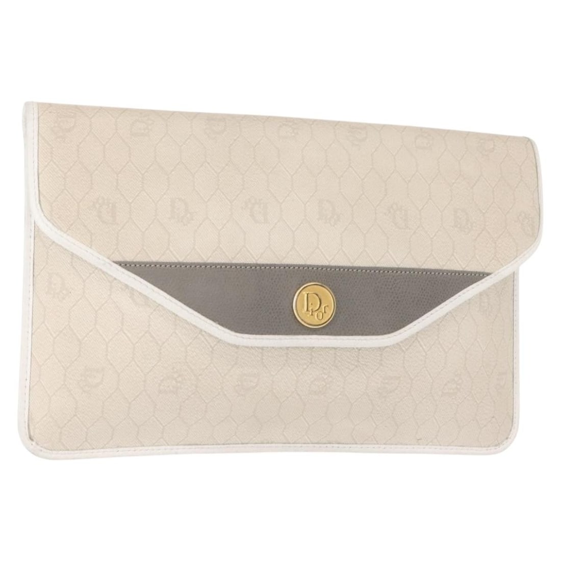 Christian Dior Honeycomb Canvas Clutch Bag White Gold PVC Leather Auth 148952: Christian Dior Honeycomb Canvas Clutch Bag White Gold PVC Leather Auth 148952 This stunning Christian Dior Honeycomb Canvas Clutch Bag is a sophisticated accessory crafted from PVC leather, featuring