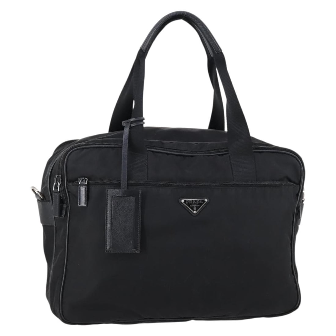 Black Nylon Business Tote by Prada with Silver Tone Details: Black Nylon Business Tote by Prada with Silver Tone Details This PRADA business bag is crafted from durable black nylon with silver-tone accents. Designed for practicality and style, it features a spa